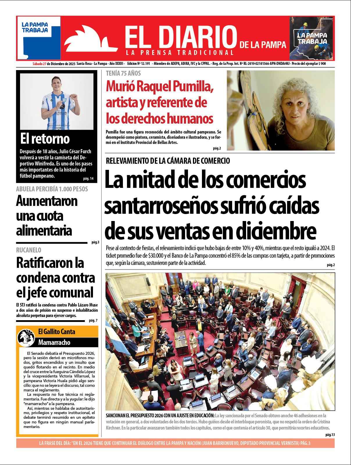 Tapa de El Diario en papel  saacutebado 27 de diciembre de 2025